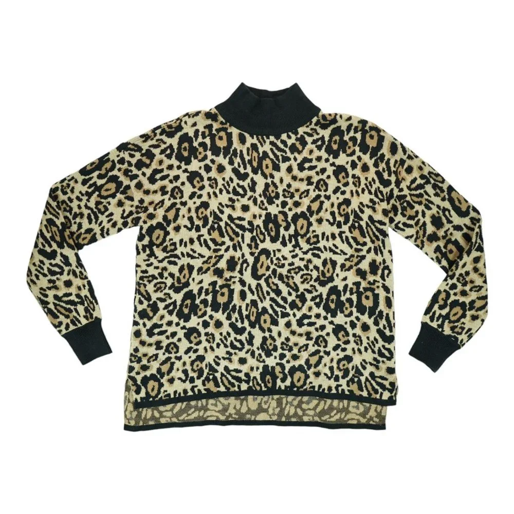 Calvin Klein Size S Animal Print Beige Brown Black High‎ Neck Sweater Women